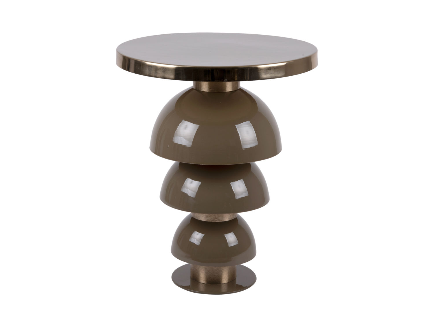 Bijzettafel Biennan metaal Ø46 cm, ronde bruine tafel met glanzende afwerking en stevige sculpturale voet