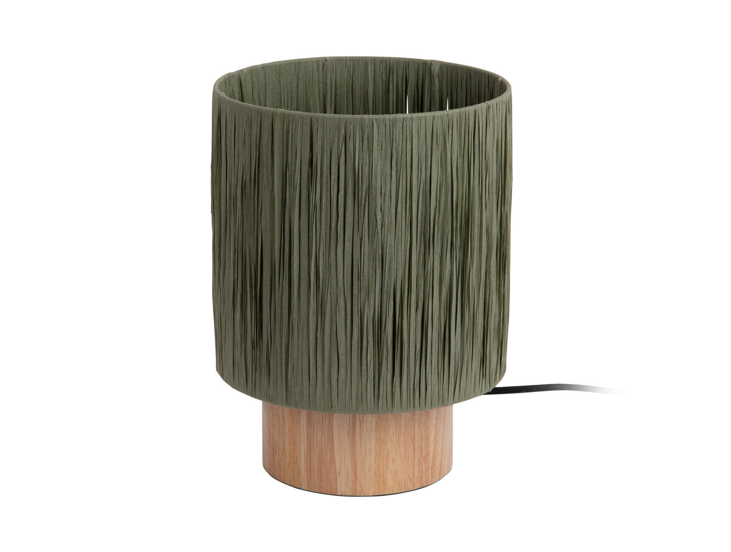 Tafellamp Fleity naturel met groene papieren kap, houten voet en compact design, H29 cm
