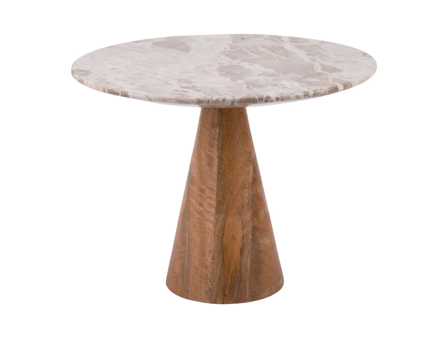 Tafel Sleiltano Marmer Ø40 cm met marmeren blad en conische mangohouten poot, compact als bijzettafel