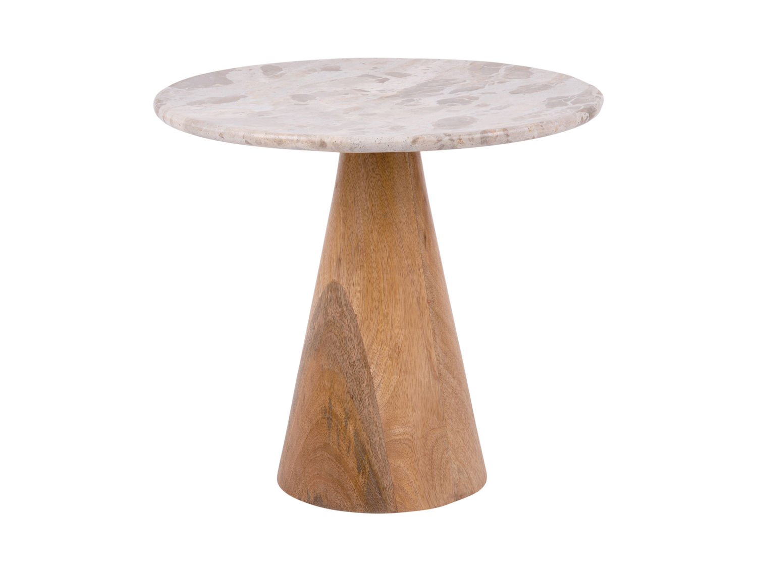 Tafel Renti Marmer Ø50 cm met ronde marmeren blad en mangohouten poot, compact en natuurlijk