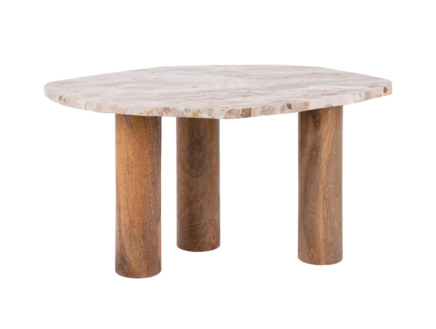 Tafel Giner Marmer 75 cm met organisch blad en drie bruine houten poten, stijlvol woonaccessoire