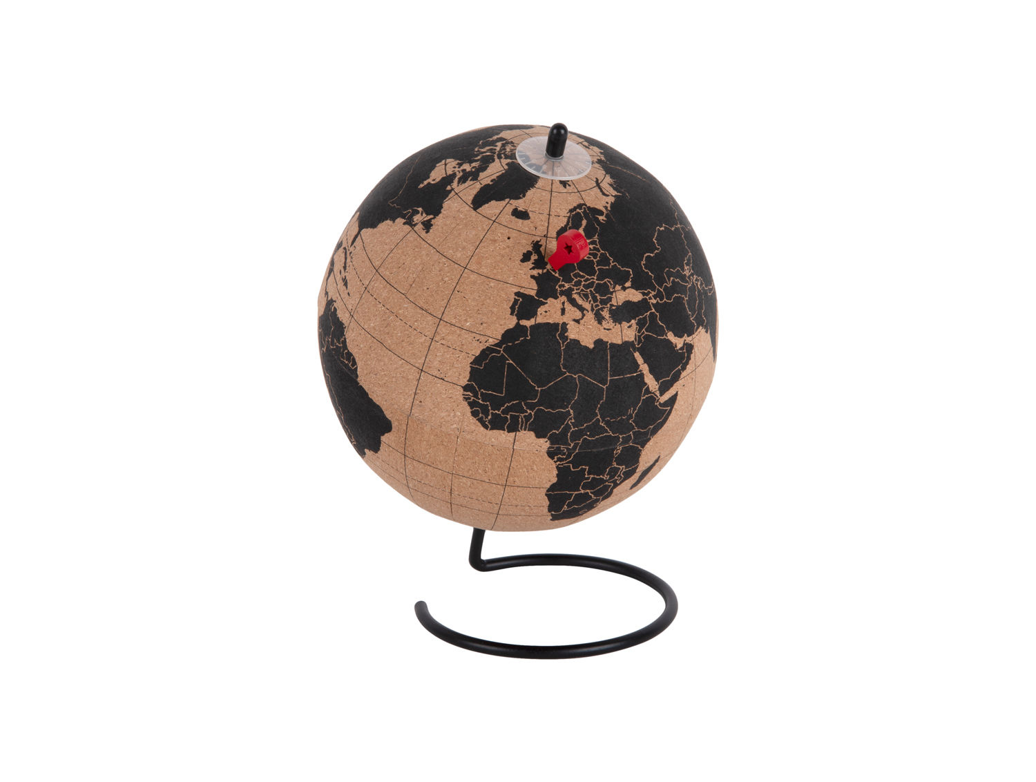 Wereldbol Flaunnaro Kurk op zwarte standaard, met metalen pin en warme kurklook voor bureau of side table