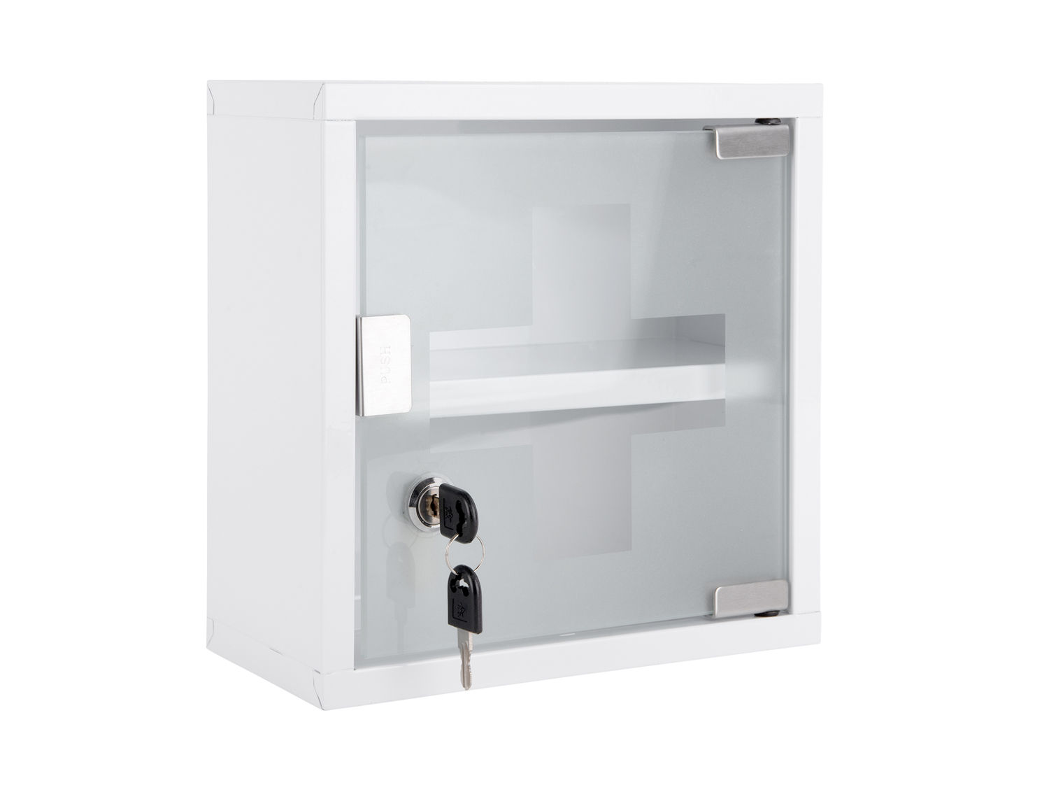Kast Geskio Wit 25 cm, witte metalen medicijnkast met glazen deur, slot en kruis op de voorkant