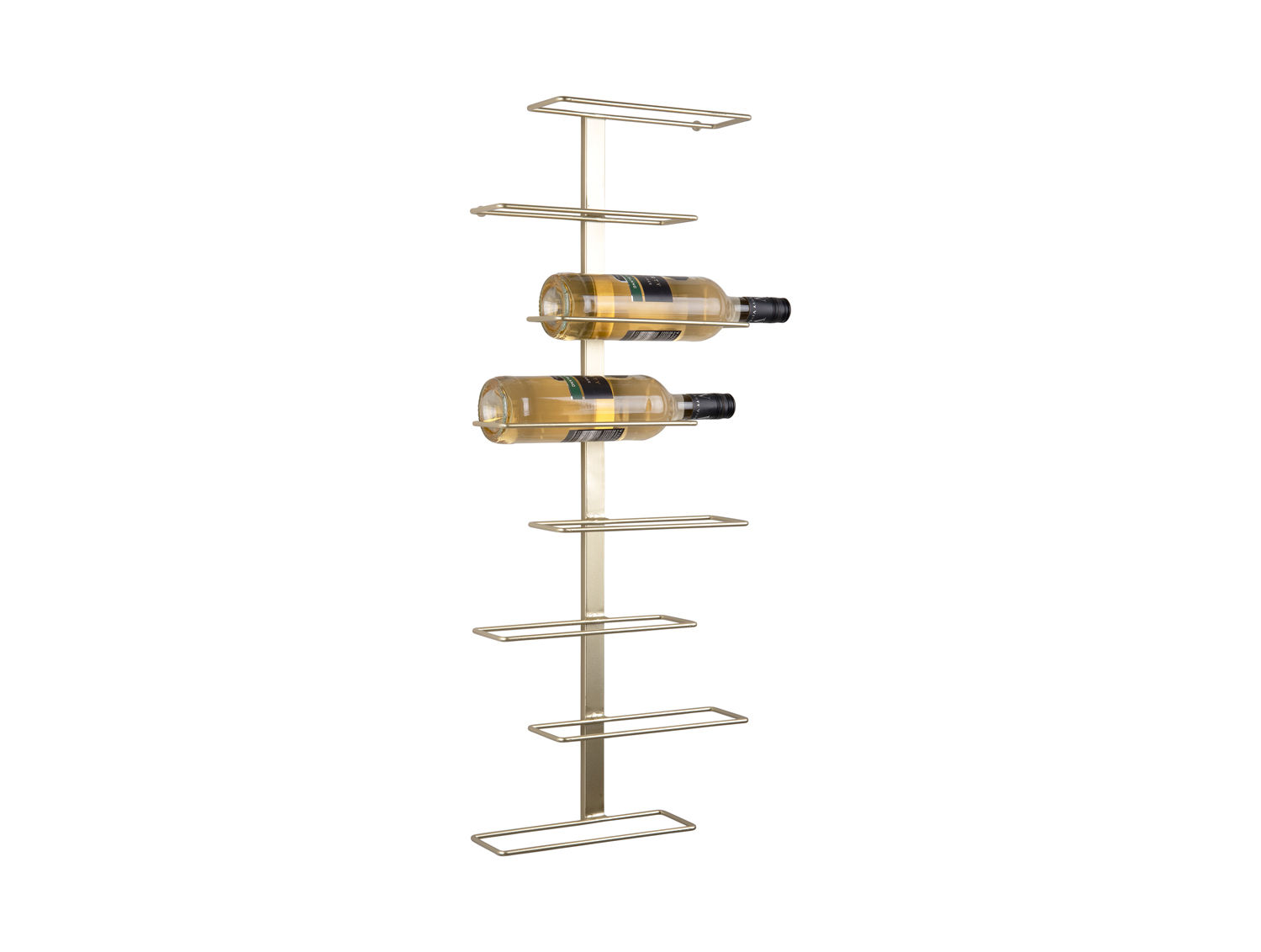Wijnrek Astrid goud metaal wandmodel voor 8 flessen, slank design met ruimtebesparende wandmontage