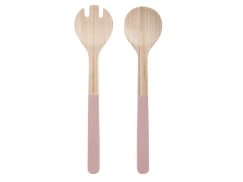 Woonaccessoire Tinsum Bamboe Roze: set van 2 serveerlepels met natuurlijke bamboe en roze handgrepen