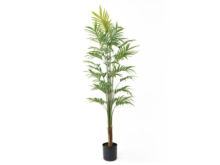 Kunstplant Noorea Goud H160 cm, hoge groene palm in zwarte pot met warme gouden uitstraling