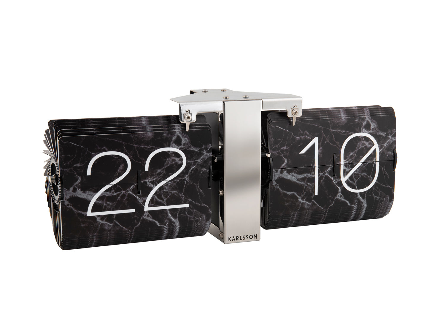 Klok Entebbe Chroom tafelklok met stalen frame en marmerprint flips, toont 22:10