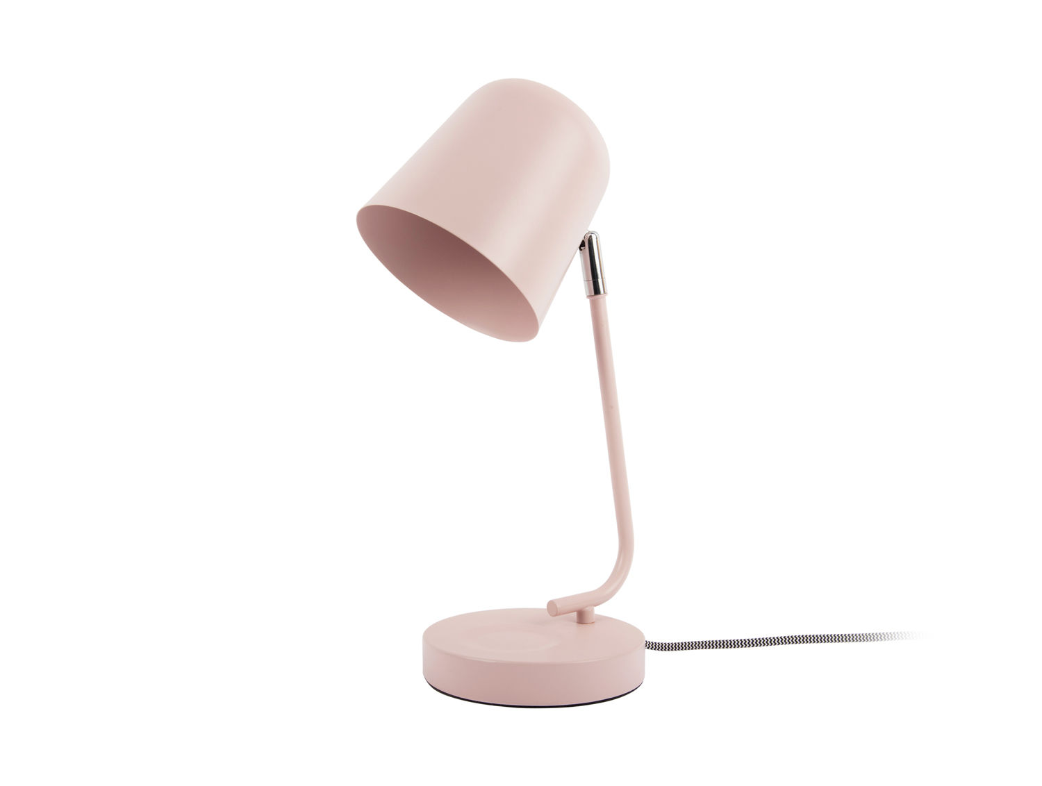 Tafellamp Jeintos zacht roze met metalen matte afwerking, gebogen kap en ronde voet, 15 cm