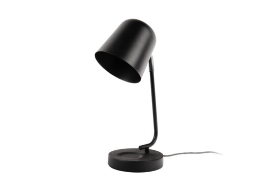 Tafellamp Prasum zwart met matte metalen kap, gebogen arm en ronde voet, Ø15 cm