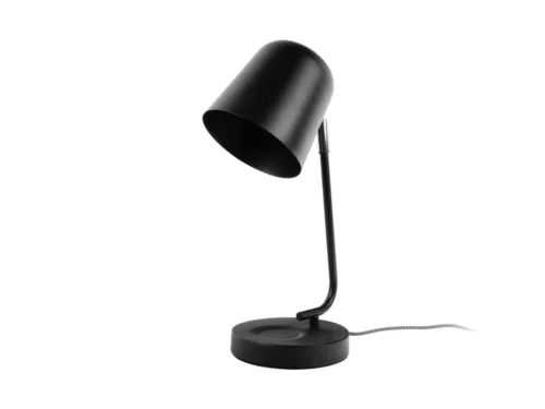 Tafellamp Prasum zwart met matte metalen kap, gebogen arm en ronde voet, Ø15 cm