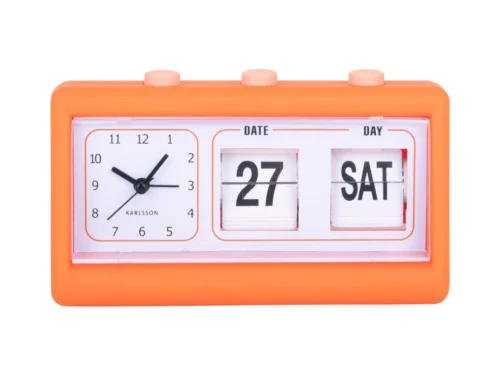 Wekker Jeerdora Helder Oranje met flipdatum en dagweergave, moderne retrostijl voor nachtkastje of bureau
