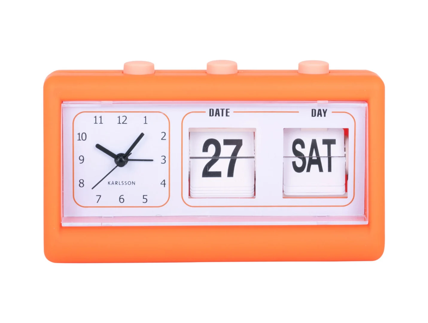 Wekker Jeerdora Helder Oranje met flipdatum en dagweergave, moderne retrostijl voor nachtkastje of bureau