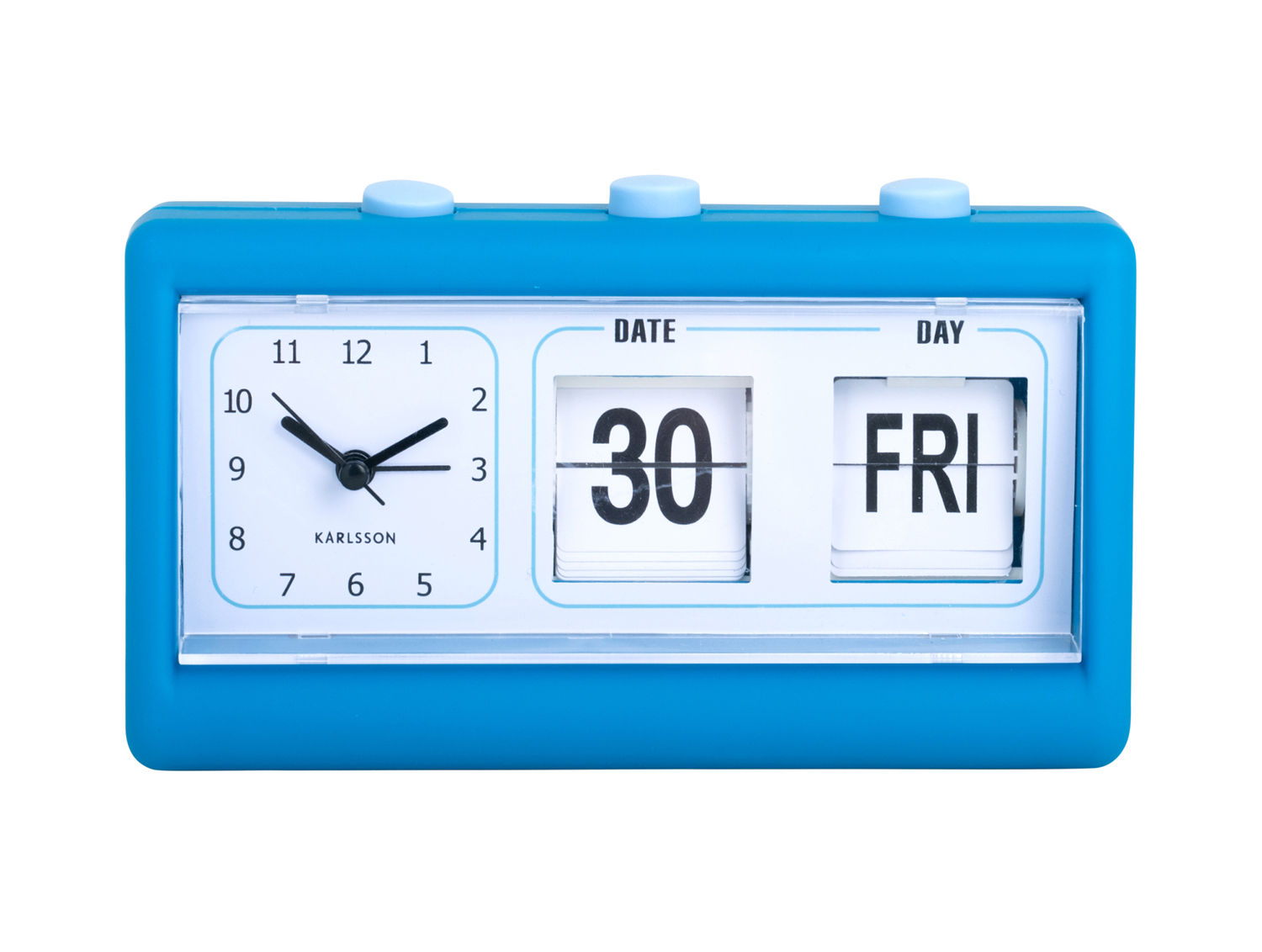 Wekker Loorio Helder Blauw van Karlsson met flipmechanisme, analoge klok en datum/dagweergave
