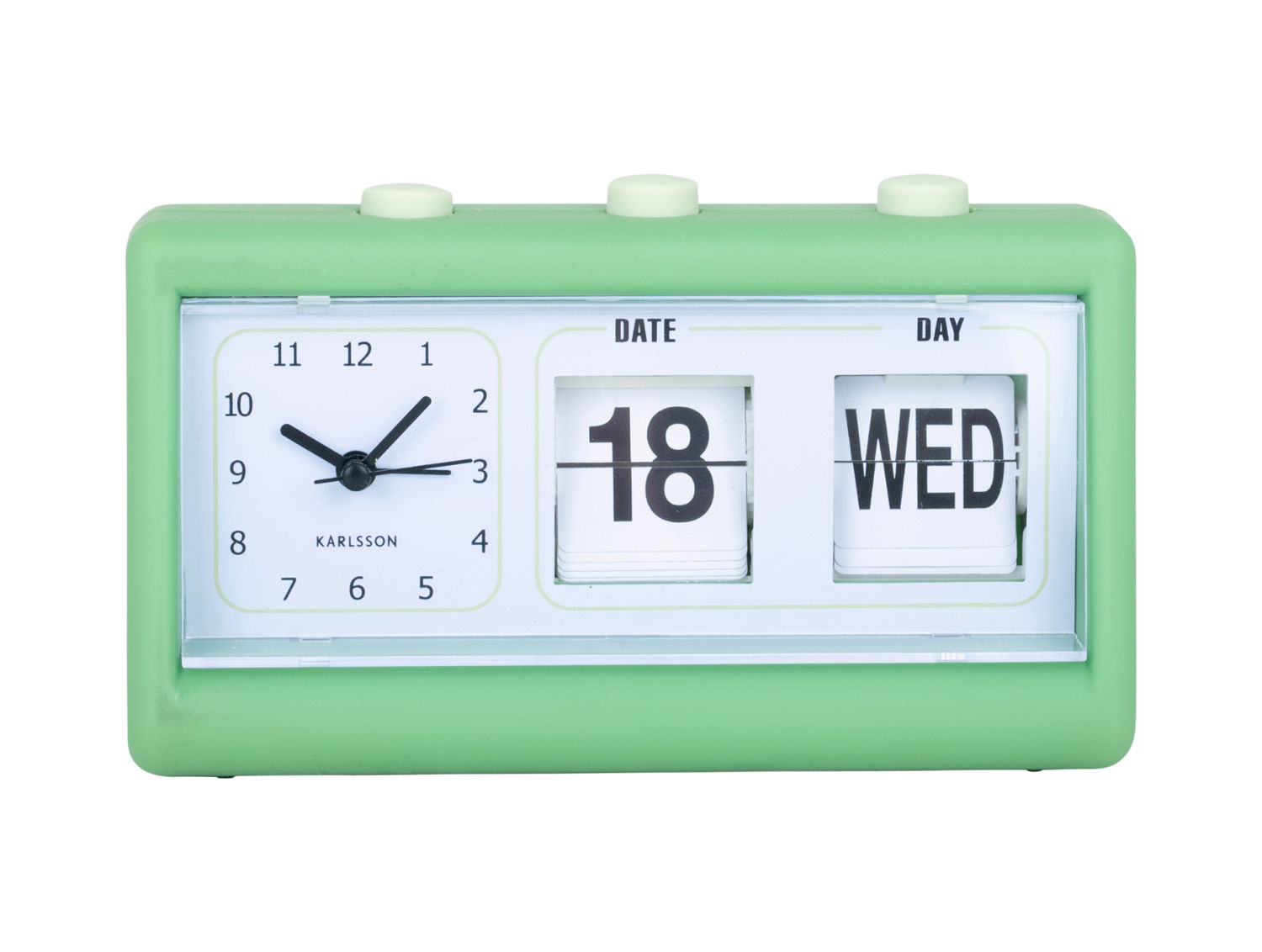 Wekker Heekum Helder Groen van Karlsson met flip-datum, dag en analoge klok op wit display