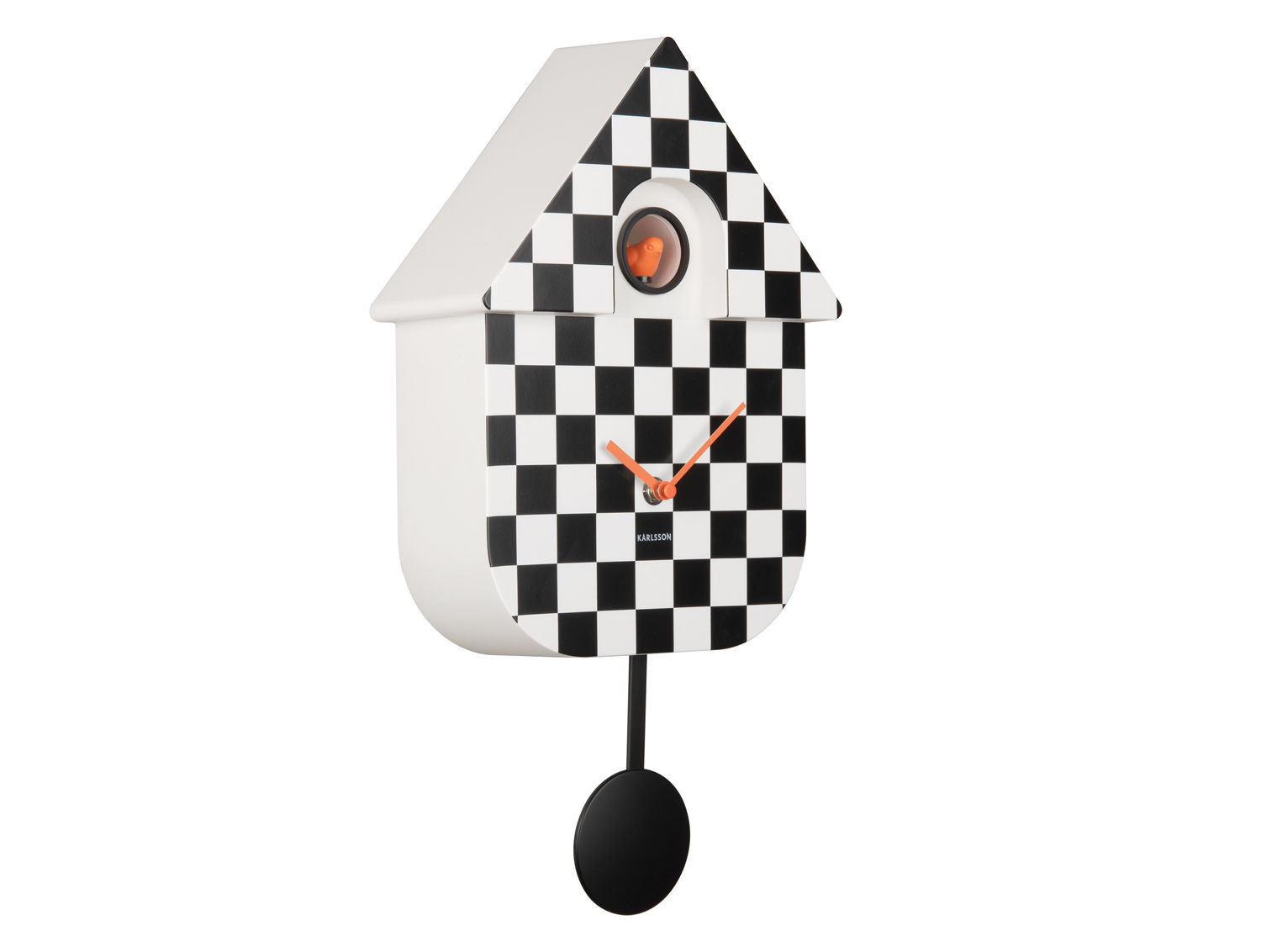 Karlsson Wandklok Fleides Zwart met zwart-wit ruitpatroon, retro design en slinger