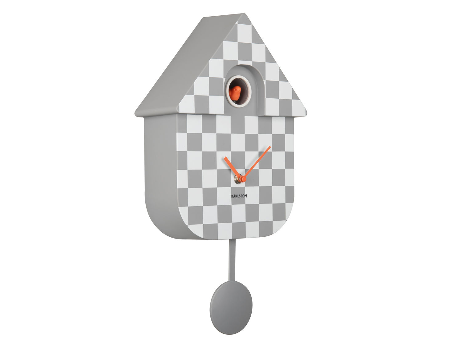 Wandklok Rundas Grijs van Karlsson, moderne koekoeksklok met retro design, grijze ruitprint en slinger