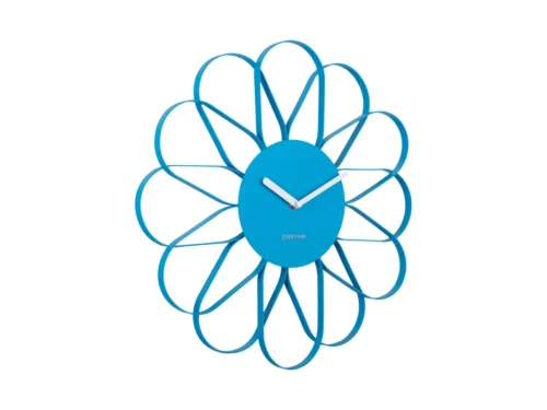 Karlsson Siesal helderblauwe wandklok met bloemvormig ijzeren ontwerp en witte wijzers