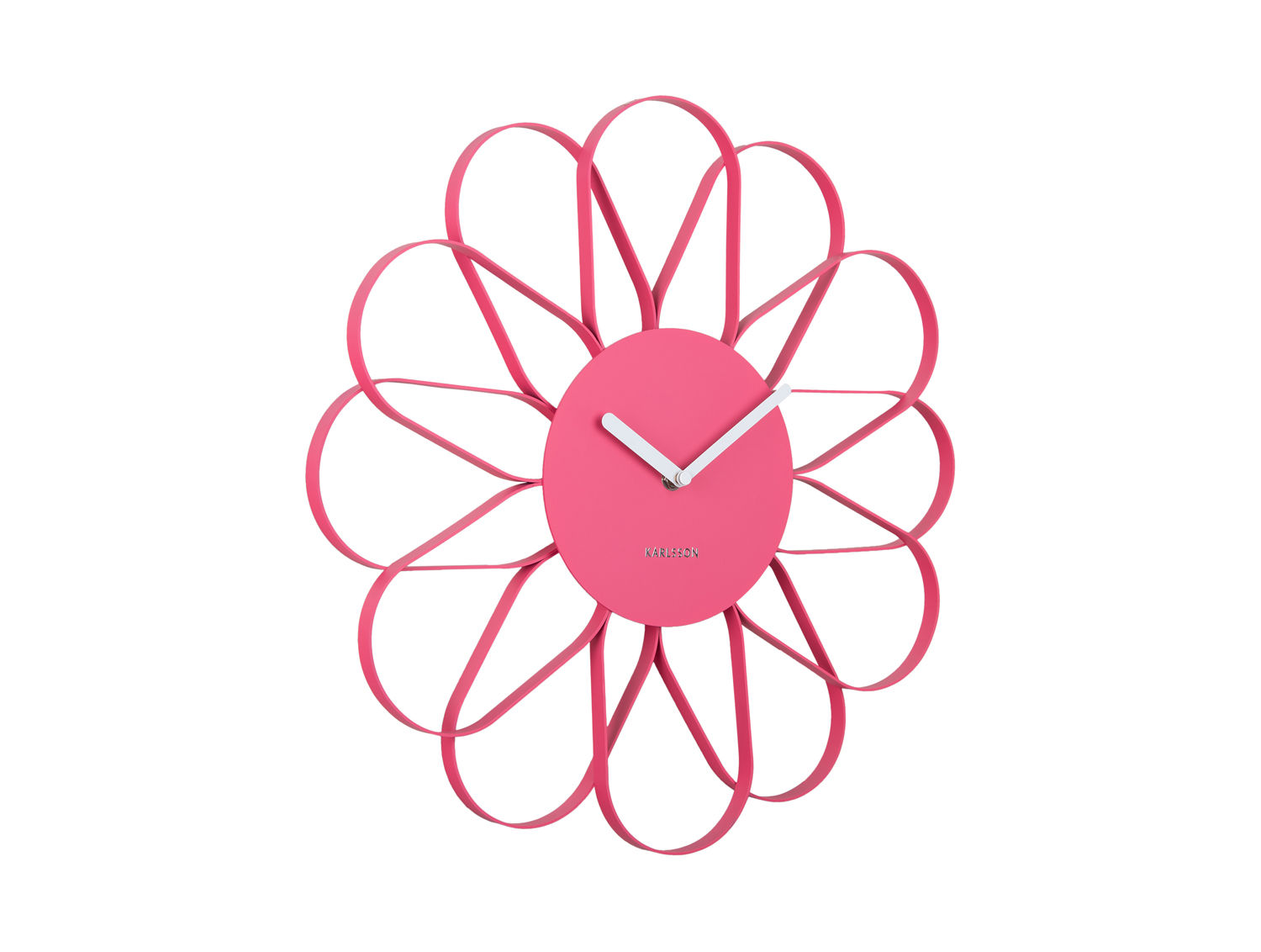 Wandklok Leira in helder roze met bloemvorm, ijzeren frame en witte wijzers