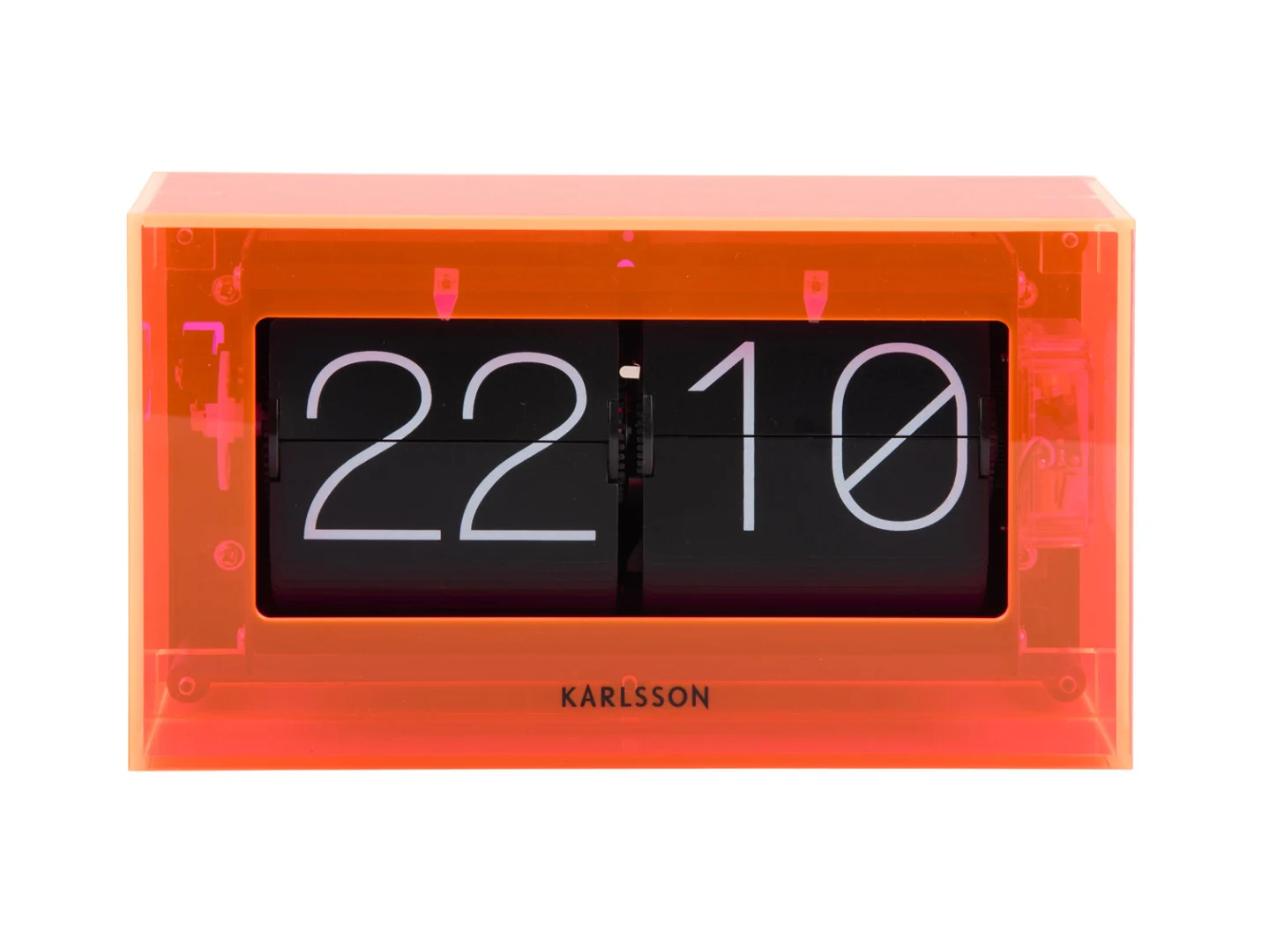 Karlsson Tafelklok Rossak Oranje met flip clock design en transparante acrylic behuizing