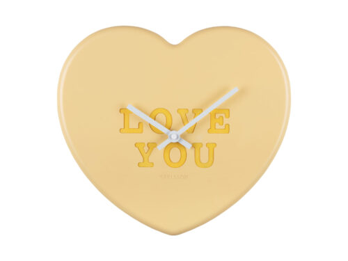 Wandklok Boornira zacht geel in hartvorm met LOVE YOU-opdruk en witte wijzers