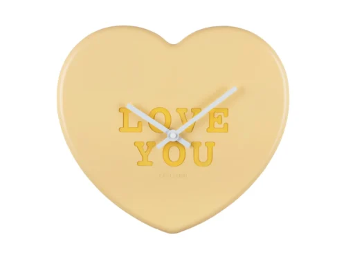 Wandklok Boornira zacht geel in hartvorm met LOVE YOU-opdruk en witte wijzers