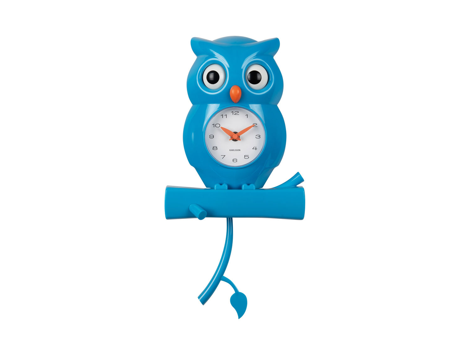 Wandklok Brieland Helder Blauw uilvormig met bewegende ogen en slinger aan takje, speels design
