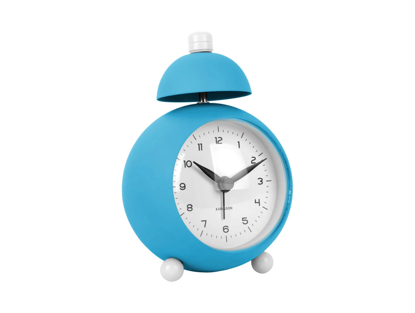 Wekker Brumak helder blauw met speelse Charlie Chaplin-vorm, ronde wijzerplaat en compacte voetjes