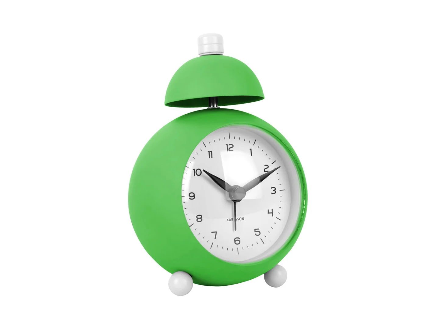 Wekker Keeskone Helder Groen met rond design, witte wijzerplaat en speelse Chaplin-stijl details