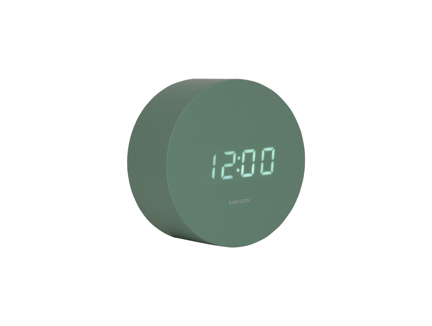 Wekker Grostio van Karlsson, compacte groene LED-wekker met duidelijke tijdsweergave en strak rond design