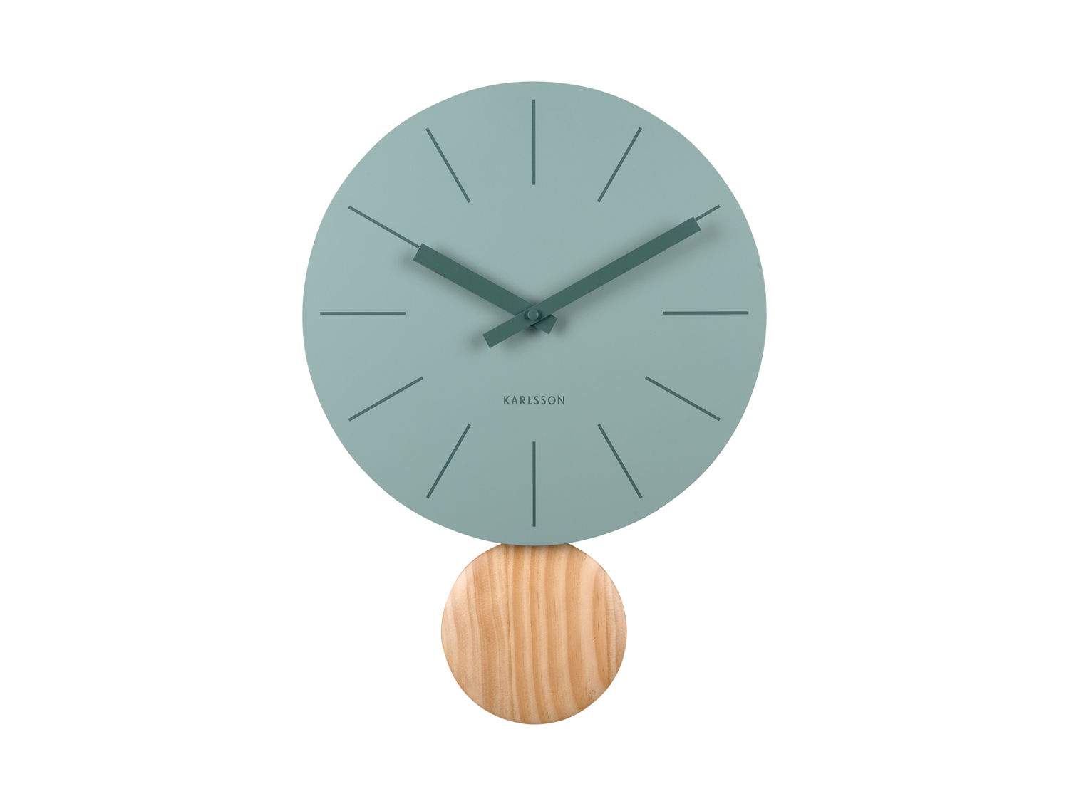 Karlsson Arlo groene wandklok met Scandinavisch design en houten pendulum, strak en stijlvol