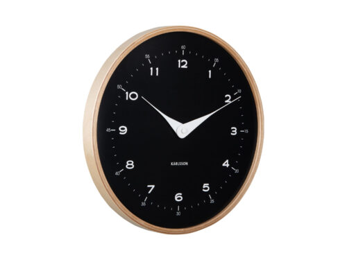 Wandklok Fleirdy zwart met houten rand, zwart wijzerplaat en strakke witte wijzers