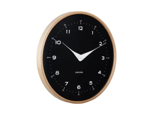 Wandklok Fleirdy zwart met houten rand, zwart wijzerplaat en strakke witte wijzers