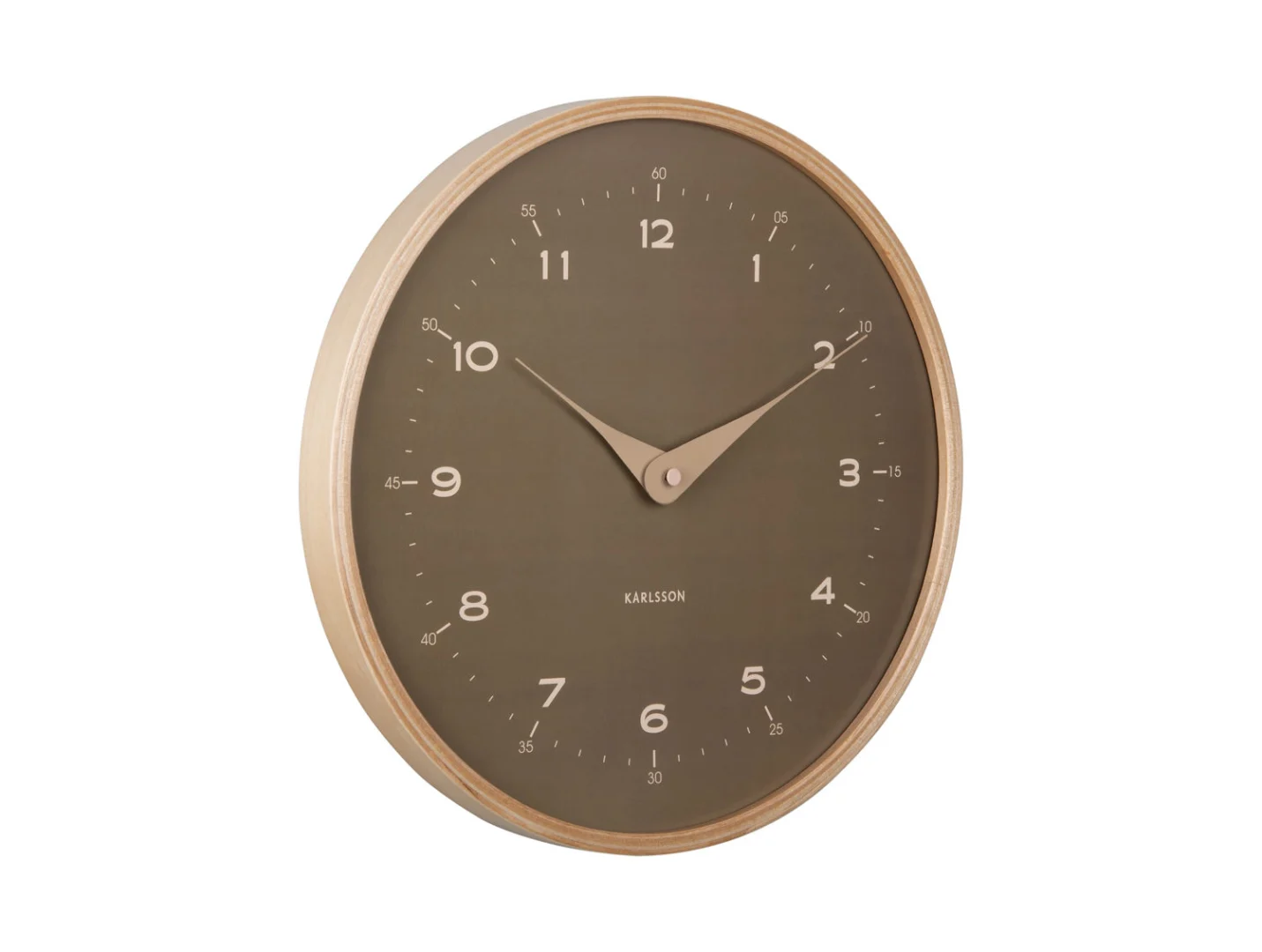 Wandklok Miroro Groen met houten rand, strakke wijzerplaat en moderne retro uitstraling