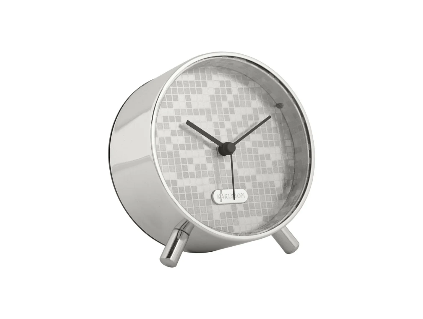 Wekker Oslo Zilver van Karlsson met compact rond design, zilveren afwerking en analoge wijzerplaat