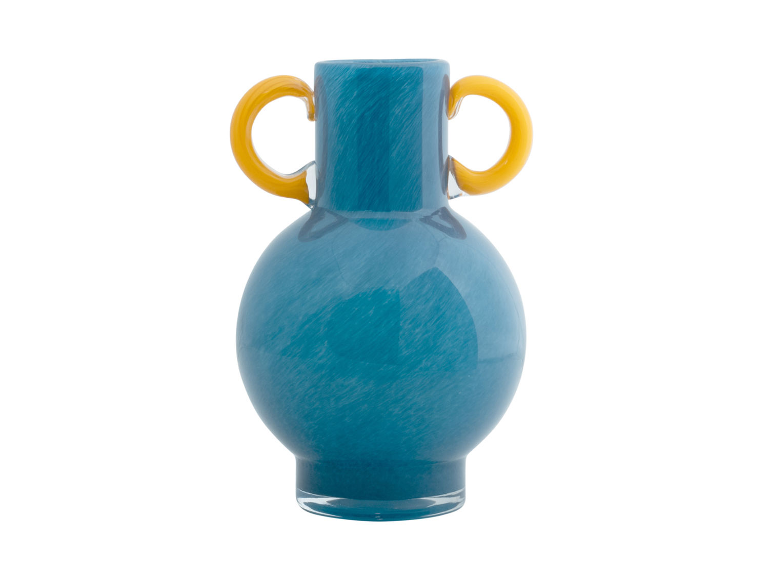 Vaas Loonnello glas helder blauw Ø15 cm met speelse gele handgrepen en bijzondere ronde vorm