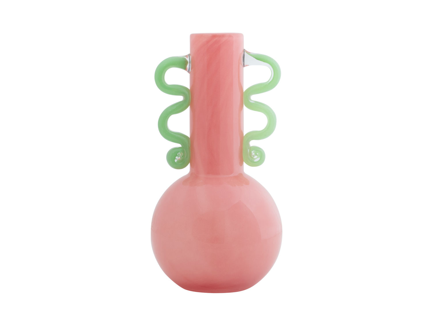 Vaas Beikal Glas Helder Roze met speelse groene handvatten en ronde vorm