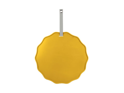 Memobord Calgary helder geel, rond metalen wandbord met ophanglint en golvende rand