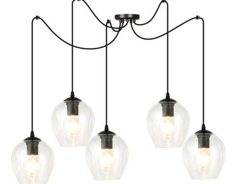 Hanglamp Mauvas Zwart Ø14 cm met 5 transparante glazen kappen en verstelbare zwarte pendels