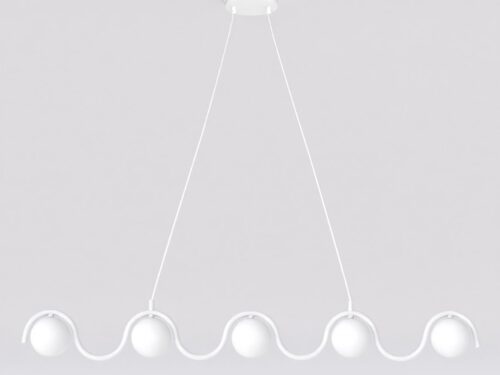Hanglamp Rulland Wit met golvend frame, vijf witte lichtbollen en verstelbare hoogte