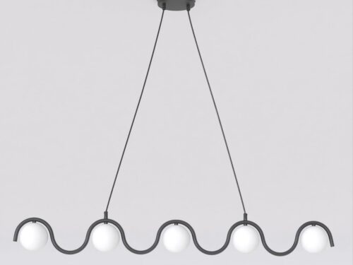 Hanglamp Teinnel Zwart Ø10 cm met 5 witte lampenkappen en golvende zwarte stang, strak modern design