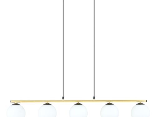 Hanglamp Gauloro zwart met goudkleurige balk en vijf witte glazen bollen, verstelbaar in hoogte, Ø14 cm
