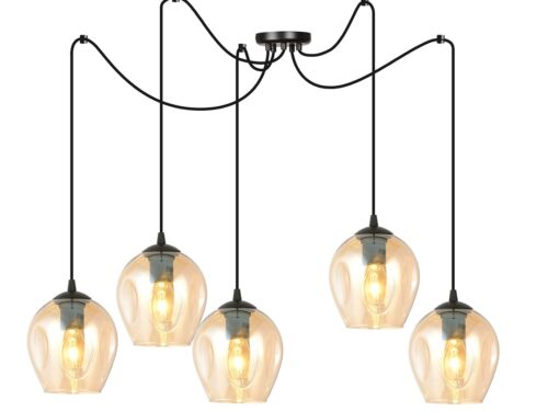 Hanglamp Kaukil Zwart Ø14 cm met 5 amberkleurige glazen kapjes en verstelbare ophanging