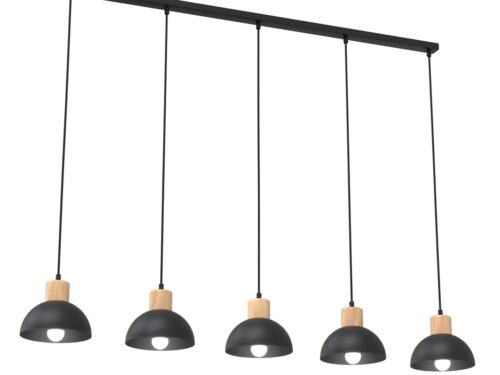 Zwarte Plafondlamp Steindura Ø18 cm met 5 pendels, gepoedercoat staal en houten details