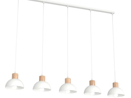 Plafondlamp Dukia Wit Ø18 cm met 5 witte kappen, houten accenten en strakke moderne vorm