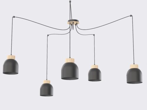 Hanglamp Brabino Zwart met vijf zwart-houten lichtpunten en speelse lange pendels voor een Scandinavische look