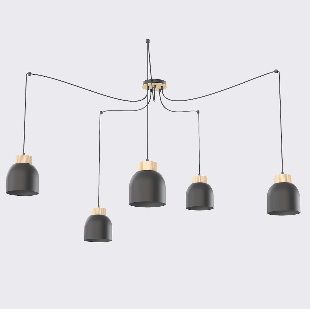 Hanglamp Brabino Zwart met vijf zwart-houten lichtpunten en speelse lange pendels voor een Scandinavische look