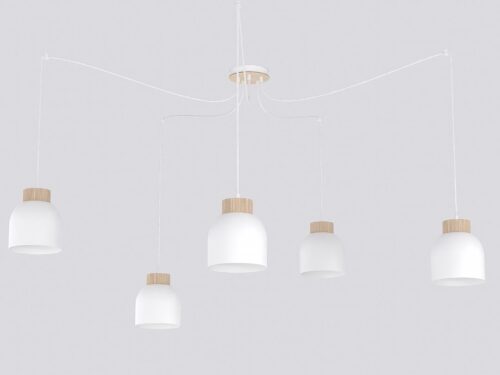 Hanglamp Meerdis Wit met vijf verstelbare pendels, mat wit staal en houten accenten in Scandinavische stijl