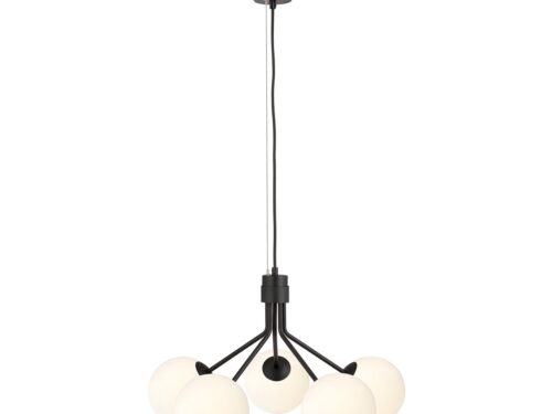 Hanglamp Naaston Zwart Ø15 cm met 5 witte glazen kappen en verstelbare hoogte