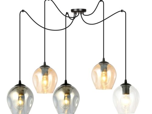 Hanglamp Klaador Zwart Ø14 cm met 5 glazen kappen in transparant, grafiet en amber licht en modern design