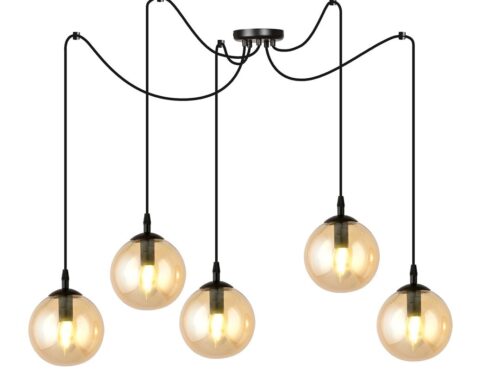 Hanglamp Rummon zwart Ø14 cm met 5 amberkleurige glazen bollen en verstelbare hoogte